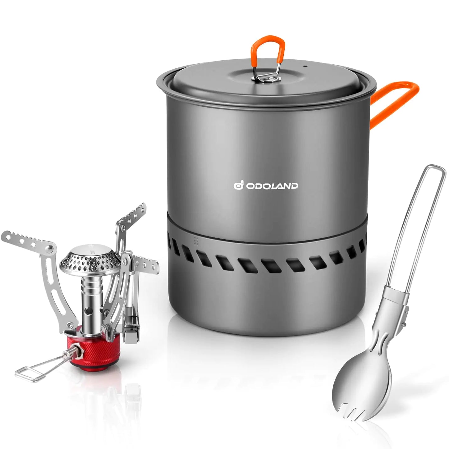 Odoland Portable Pot with Heat Exchanger Camping Cooking Set with Backpacking Stove Camping Cookware Mess Kit for Hiking Trekking Fishing and Picnic
