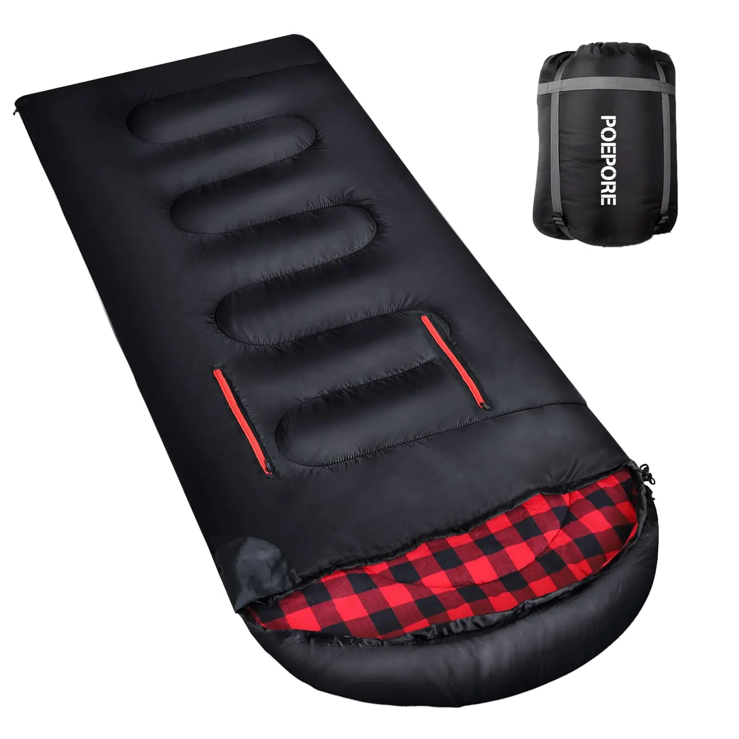 POEPORE Flannel Sleeping Bag Lightweight Warm Weather 3-4 Seasons for Adults XL Wearable Sleeping Bag Waterproof with Compression Sack Black/Red
