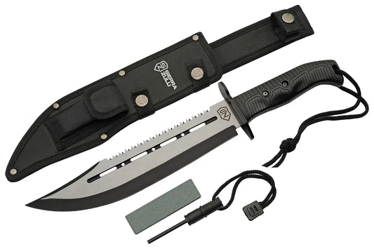 Sierra Zulu Survival Hunting Knife with Sheath - 10.5” Fixed Blade Tactical Bowie Knife Clip Point with Serrated Back Edge - Includes Sharpener and Fire Starter for Camping Bushcraft